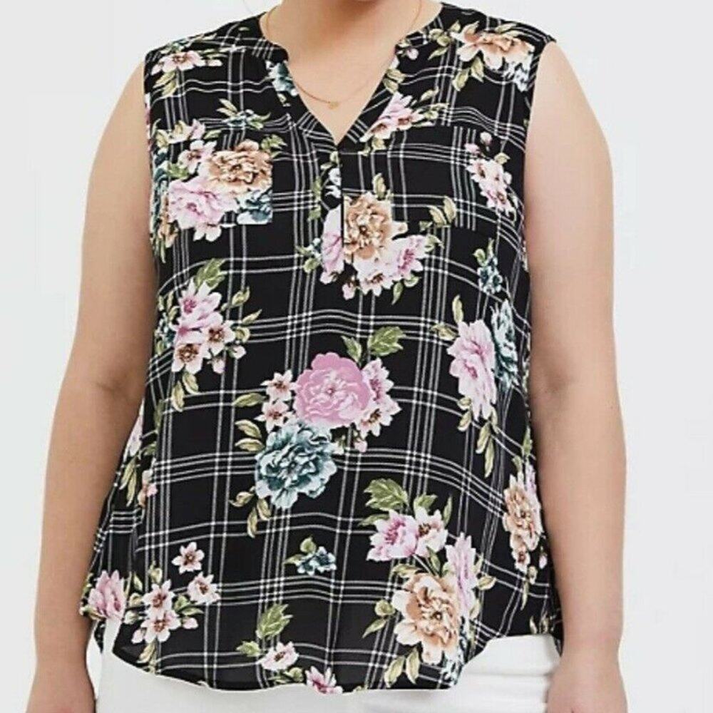 Torrid HARPER - BLACK FLORAL PLAID GEORGETTE PULLOVER TANK BLOUSE Size 00/10